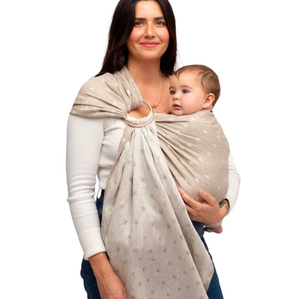 WILDBIRD SPIZELLA 74" Linen Baby Wearing Double Ring Tan Printed Carrier Sling